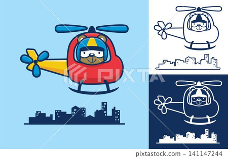 Cute bear piloted helicopter flying across buildings. Vector icon illustration Cute bear piloted helicopter flying across buildings. Vector icon illustration 141147244