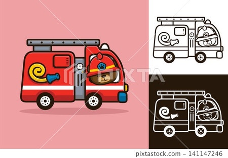 Cute bear wearing firefighter helmet driving firetruck. Vector icon illustration Cute bear wearing firefighter helmet driving firetruck. Vector icon illustration 141147246
