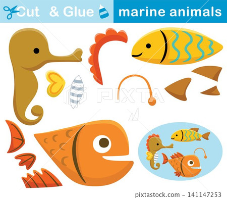 Funny marine animals. Education paper game for children. Cutout and gluing. Vector cartoon illustration Funny marine animals. Education paper game for children. Cutout and gluing. Vector cartoon illustration 141147253