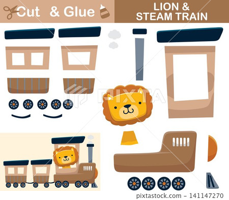 Cute lion on steam train. Education paper game for children. Cutout and gluing. Vector cartoon illustration Cute lion on steam train. Education paper game for children. Cutout and gluing. Vector cartoon illustration 141147270