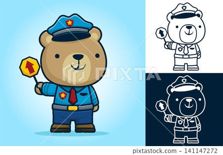 Cute bear in traffic cop uniform holding road sign. Vector cartoon illustration in flat icon style Cute bear in traffic cop uniform holding road sign. Vector cartoon illustration in flat icon style 141147272