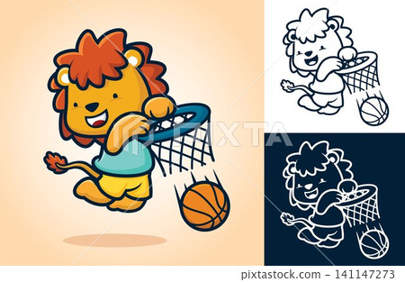 Cute lion playing basketball, put the ball into basket. Vector cartoon illustration in flat icon style Cute lion playing basketball, put the ball into basket. Vector cartoon illustration in flat icon style 141147273