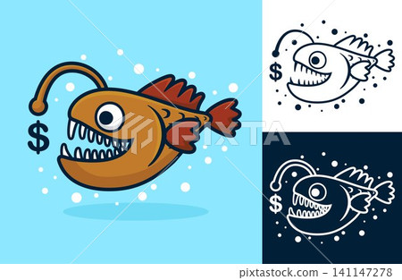 Angler fish with dollar currency symbol. Vector cartoon illustration in flat icon style Angler fish with dollar currency symbol. Vector cartoon illustration in flat icon style 141147278