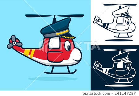 Funny helicopter wearing pilot hat. Vector cartoon illustration in flat icon style Funny helicopter wearing pilot hat. Vector cartoon illustration in flat icon style 141147287
