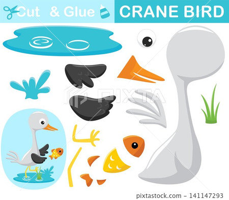 Bird crane in water chasing a fish. Education paper game for children. Cutout and gluing. Vector cartoon illustration Bird crane in water chasing a fish. Education paper game for children. Cutout and gluing. Vector cartoon illustration 141147293