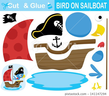 Cute bird pirate on sailboat. Education paper game for children. Cutout and gluing. Vector cartoon illustration Cute bird pirate on sailboat. Education paper game for children. Cutout and gluing. Vector cartoon illustration 141147294