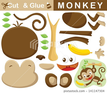 Funny monkey hang on tree branches with banana. Education paper game for children. Cutout and gluing. Vector cartoon illustration Funny monkey hang on tree branches with banana. Education paper game for children. Cutout and gluing. Vector cartoon illustration 141147304