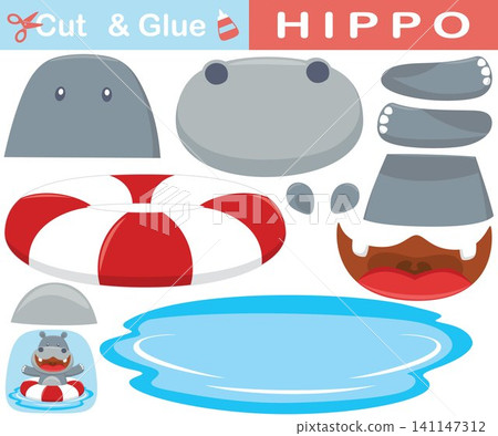 Funny hippo with lifebuoy in water. Education paper game for children. Cutout and gluing. Vector cartoon illustration Funny hippo with lifebuoy in water. Education paper game for children. Cutout and gluing. Vector cartoon illustration 141147312
