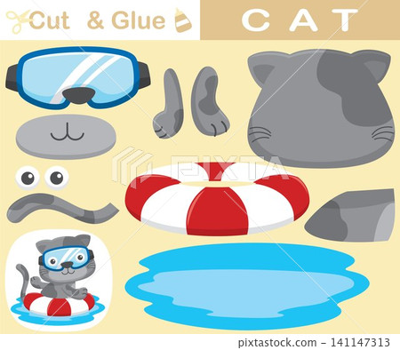 Funny cat wearing diving goggles with lifebuoy. Education paper game for children. Cutout and gluing. Vector cartoon illustration Funny cat wearing diving goggles with lifebuoy. Education paper game for children. Cutout and gluing. Vector cartoon illustration 141147313