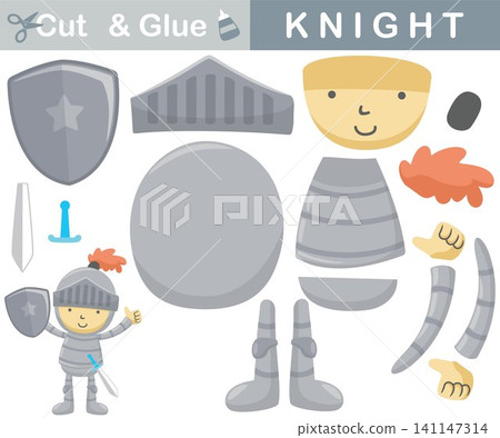 Little knight with sword and shield. Education paper game for children. Cutout and gluing. Vector cartoon illustration Little knight with sword and shield. Education paper game for children. Cutout and gluing. Vector cartoon illustration 141147314