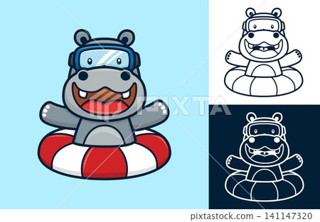 Funny hippo wearing diving goggles on lifebuoy. Vector cartoon illustration in flat icon style Funny hippo wearing diving goggles on lifebuoy. Vector cartoon illustration in flat icon style 141147320
