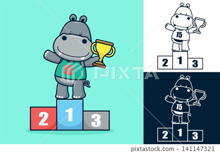 Funny hippo on podium holding trophy. Vector cartoon illustration in flat icon style Funny hippo on podium holding trophy. Vector cartoon illustration in flat icon style 141147321