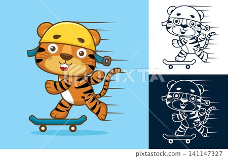 Cute tiger wearing helmet playing skateboard. Vector cartoon illustration in flat icon style Cute tiger wearing helmet playing skateboard. Vector cartoon illustration in flat icon style 141147327