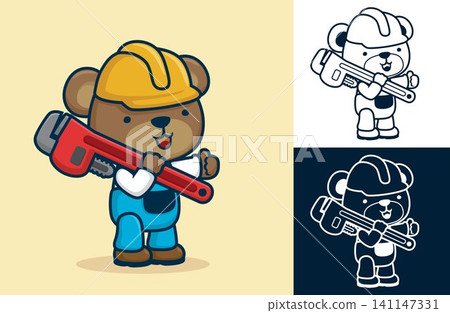 Cute bear wearing worker costume shouldering big wrench. Vector cartoon illustration in flat icon style Cute bear wearing worker costume shouldering big wrench. Vector cartoon illustration in flat icon style 141147331