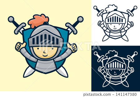 Little knight on shield with twin sword. Vector cartoon illustration in flat icon style Little knight on shield with twin sword. Vector cartoon illustration in flat icon style 141147380