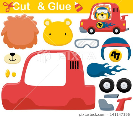 Funny lion wearing helmet on racing car. Cutout and gluing. Vector cartoon illustration Funny lion wearing helmet on racing car. Cutout and gluing. Vector cartoon illustration 141147396