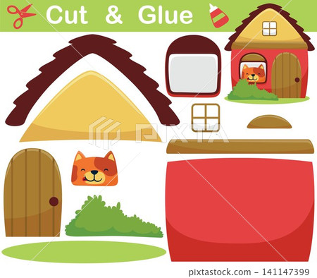 Funny cat in the window of little home. Cutout and gluing. Vector cartoon illustration Funny cat in the window of little home. Cutout and gluing. Vector cartoon illustration 141147399