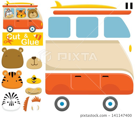 Funny animals on van. Education paper game. Cutout and gluing. Vector cartoon illustration Funny animals on van. Education paper game. Cutout and gluing. Vector cartoon illustration 141147400