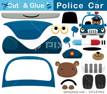 Funny bear on police car. Education paper game for children. Cutout and gluing. Vector cartoon illustration 141147402