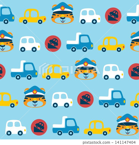 Seamless pattern vector of vehicles cartoon with funny tiger cop 141147404