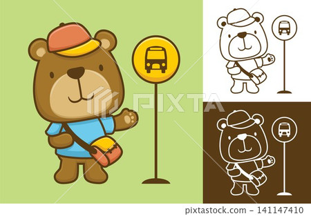 Funny bear standing in bus stop ready going to school. Vector cartoon illustration in flat icon style Funny bear standing in bus stop ready going to school. Vector cartoon illustration in flat icon style 141147410