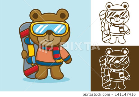 Bear in winter clothes and ski goggles with snowboard. Vector cartoon illustration in flat icon style Bear in winter clothes and ski goggles with snowboard. Vector cartoon illustration in flat icon style 141147416