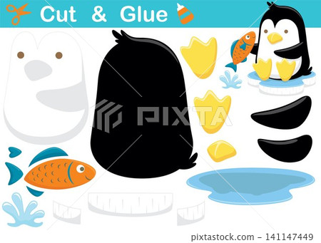 Cute penguin on ice chunk with a fish. Education paper game for children. Cutout and gluing. Vector cartoon illustration Cute penguin on ice chunk with a fish. Education paper game for children. Cutout and gluing. Vector cartoon illustration 141147449