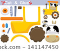 Funny cow on yellow tractor. Education paper game for children. Cutout and gluing 141147450