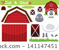 Cartoon of funny sheep in front of barn. Education paper game for children. Cutout and gluing 141147451