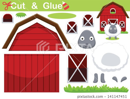 Cartoon of funny sheep in front of barn. Education paper game for children. Cutout and gluing Cartoon of funny sheep in front of barn. Education paper game for children. Cutout and gluing 141147451