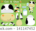 Funny cow with bottle milk. Education paper game for children. Cutout and gluing. Vector cartoon illustration 141147452