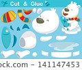 Funny polar bear holding fish. Education paper game for children. Cutout and gluing. Vector cartoon illustration 141147453