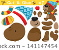 Funny bear cartoon wearing winter hat and scarf. Education paper game for children. Cutout and gluing 141147454