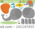 Funny elephant with a fish. Cutout and gluing. Vector cartoon illustration 141147455
