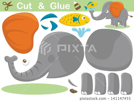 Funny elephant with a fish. Cutout and gluing. Vector cartoon illustration Funny elephant with a fish. Cutout and gluing. Vector cartoon illustration 141147455