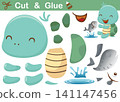 Funny little turtle cartoon with a fish. Education paper game for children. Cutout and gluing 141147456