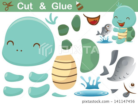 Funny little turtle cartoon with a fish. Education paper game for children. Cutout and gluing 141147456