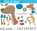 Funny deer playing soccer at winter. Cutout and gluing. Vector cartoon illustration 141147457