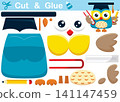 Cute owl in graduation hat holding book and pencil. Cutout and gluing. Vector cartoon illustration 141147459