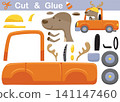 Funny deer wearing helmet on truck. Education paper game for children. Cutout and gluing. Vector cartoon illustration 141147460