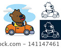 Happy bear driving car on blue sky background. Vector cartoon illustration in flat icon style 141147461