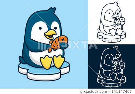 Cute penguin on ice chunk holding fish. Vector cartoon illustration in flat icon style 141147462