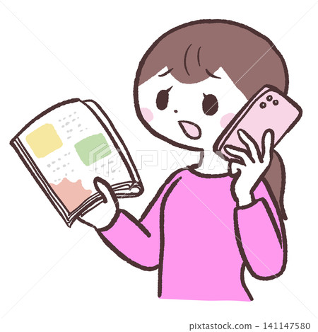 一幅插圖,描繪了一位心事重重的女子拿著雜誌打電話。 一幅插圖,描繪了一位心事重重的女子拿著雜誌打電話。 141147580