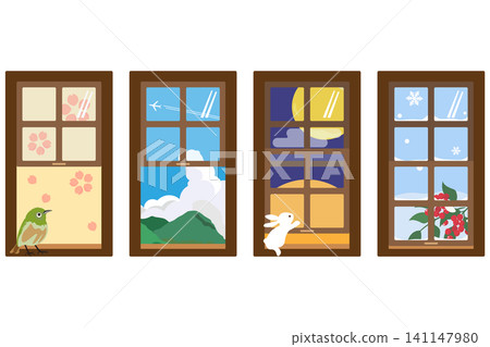 A set depicting the four seasons of Japan, seen through a brown sash window from inside the room. A set depicting the four seasons of Japan, seen through a brown sash window from inside the room. 141147980