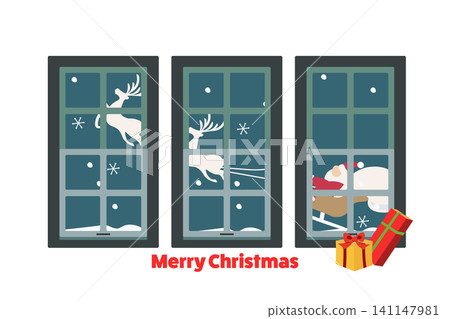 A Christmas card-style illustration of Santa and presents visible from inside a room. A Christmas card-style illustration of Santa and presents visible from inside a room. 141147981