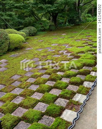 寺廟庭院長滿了青苔,周圍環繞著新鮮的綠色植物。 寺廟庭院長滿了青苔,周圍環繞著新鮮的綠色植物。 141148202