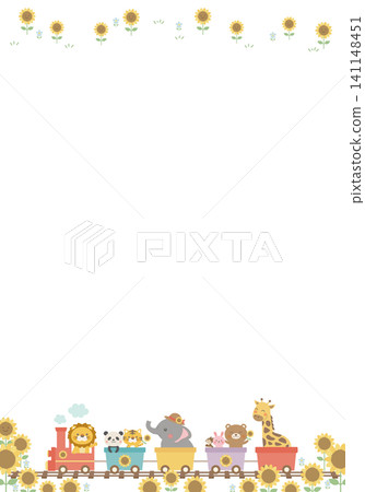 [Vector] Vertical banner background with sunflowers and animal trains - Cute summer illustration 141148451