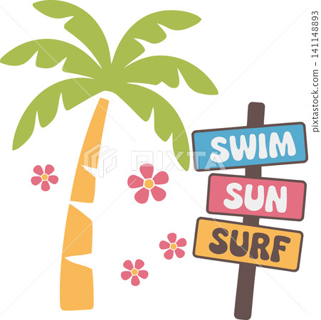 Tropical Beach Sign with Palm Tree Illustration Tropical Beach Sign with Palm Tree Illustration 141148893