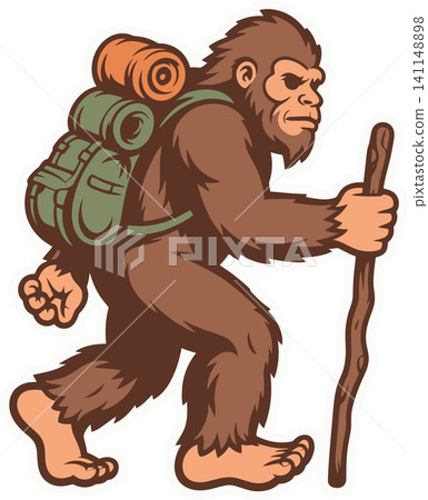Bigfoot Hiker With Backpack Cartoon Illustration Bigfoot Hiker With Backpack Cartoon Illustration 141148898