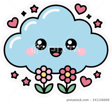 Cute Smiling Cloud with Flowers Illustration Cute Smiling Cloud with Flowers Illustration 141148899